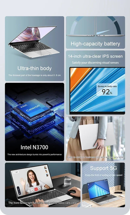 14.1" laptop ultra fino 16gb ram 2tb ssd intel n3700 notebook gamer windows 11 pro 1920*1080 display escritório estudo computador pc