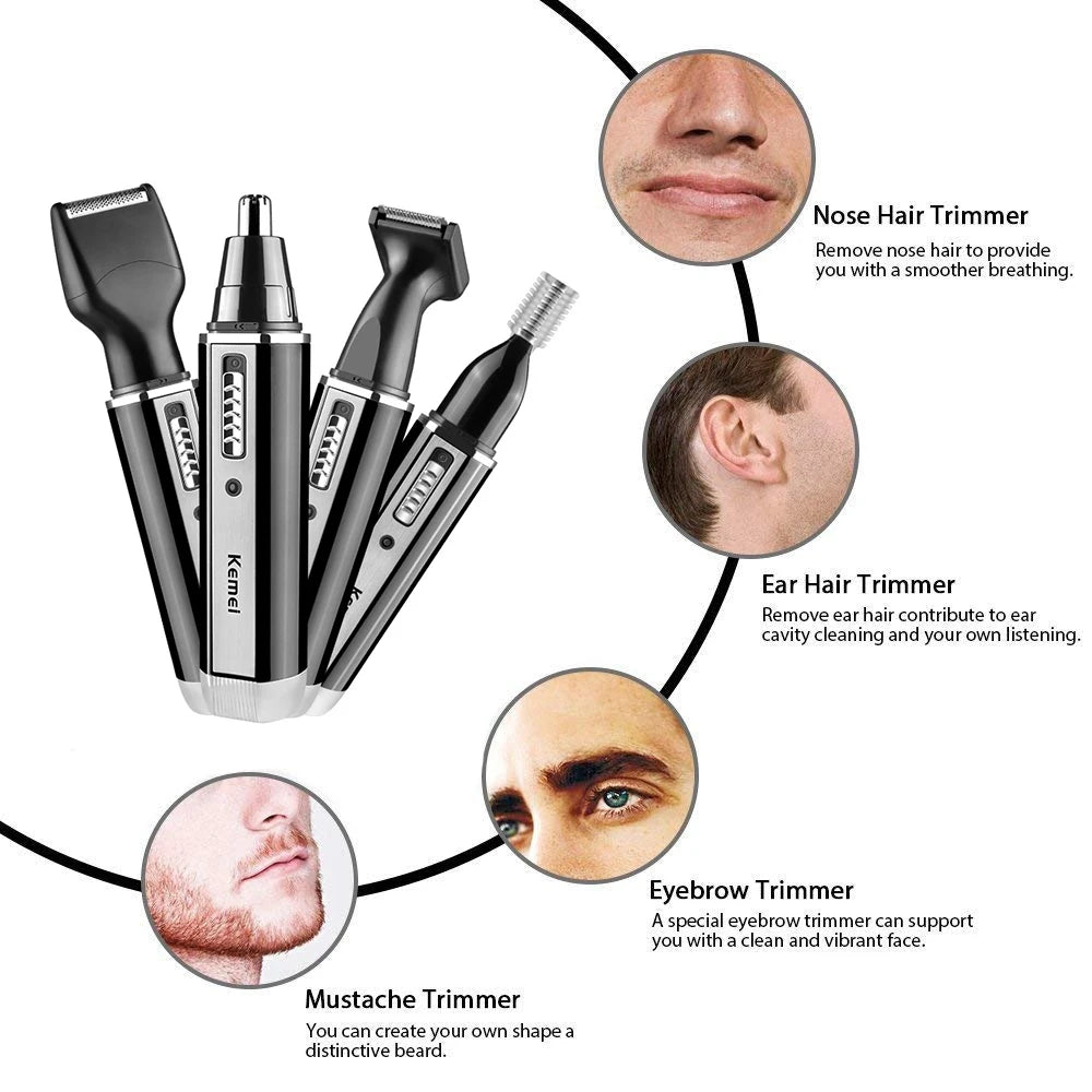 4in1 Aparador de barba recarregável, aparador de barba para homens, orelha, sobrancelha, nariz, aparador de pelos para nariz e orelha, máquina limpa de remoção de pelos